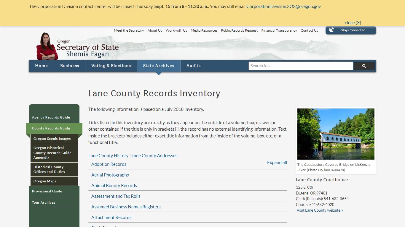 State of Oregon: County Records Guide - Lane County Records Inventory