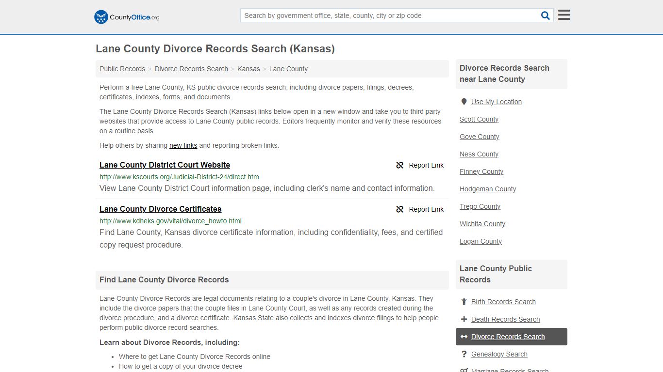 Lane County Divorce Records Search (Kansas) - County Office